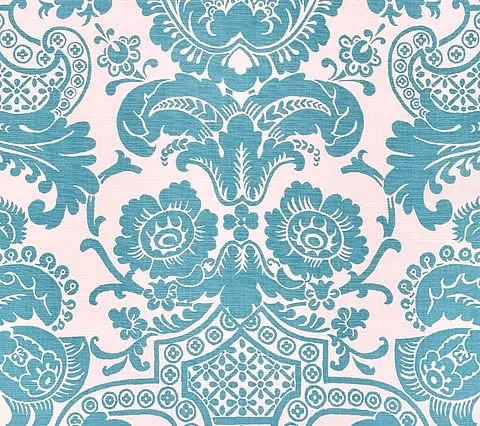 Quadrille Fabric: Este - Custom Turquoise on Tinted Belgian Linen / Cotton