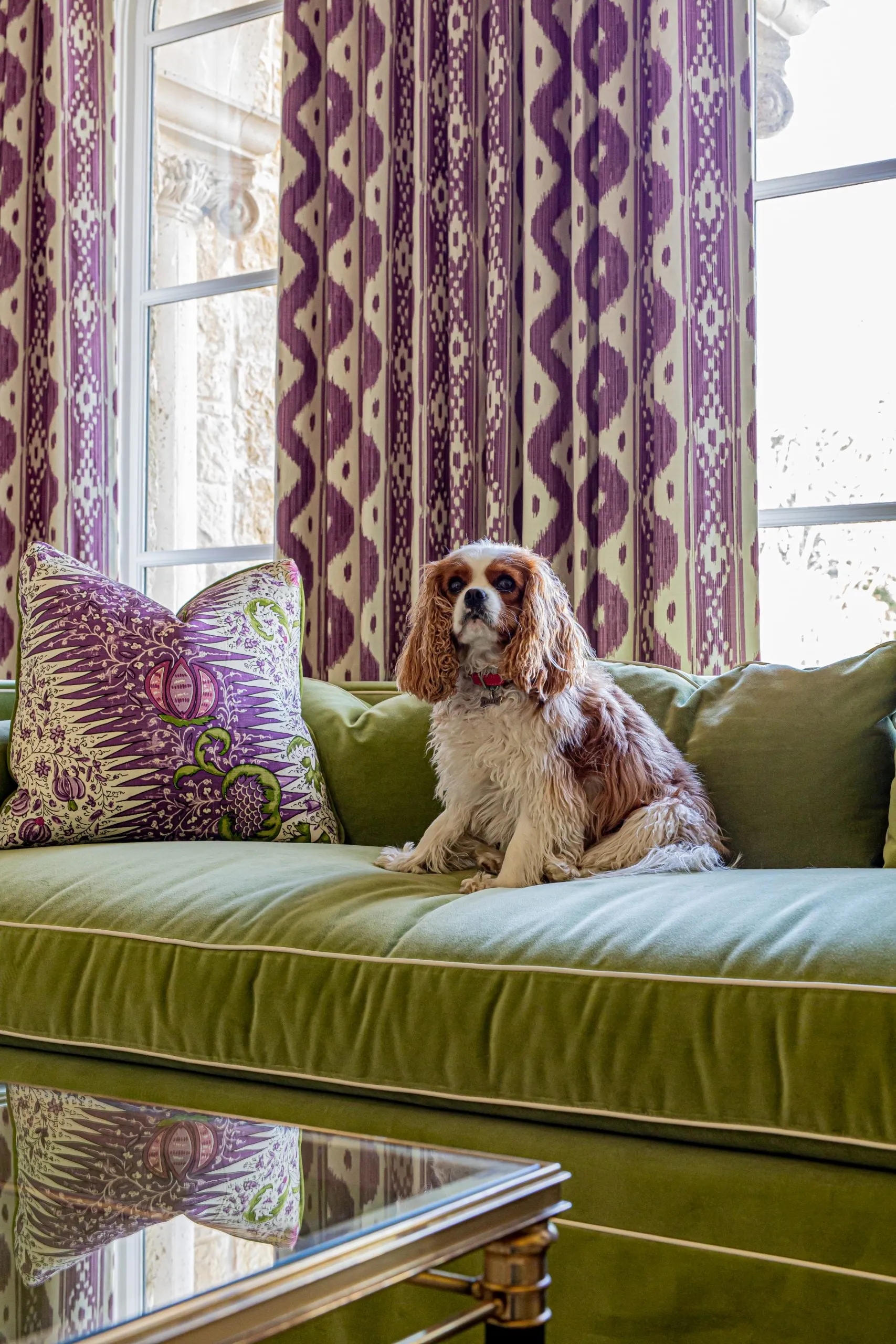 Quadrille Fabric: Les Indiennes Multicolor - Custom Multi Green / Lilac on White Belgian Linen / Cotton