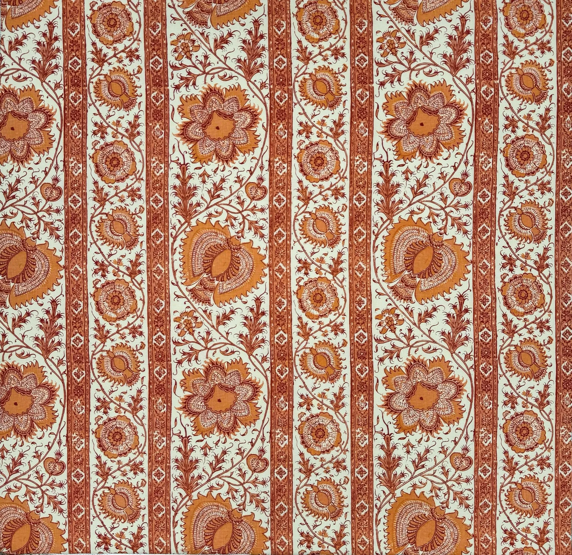Quadrille Fabric: Palampore Stripe - Custom Orange / Red on Cream 100% Linen