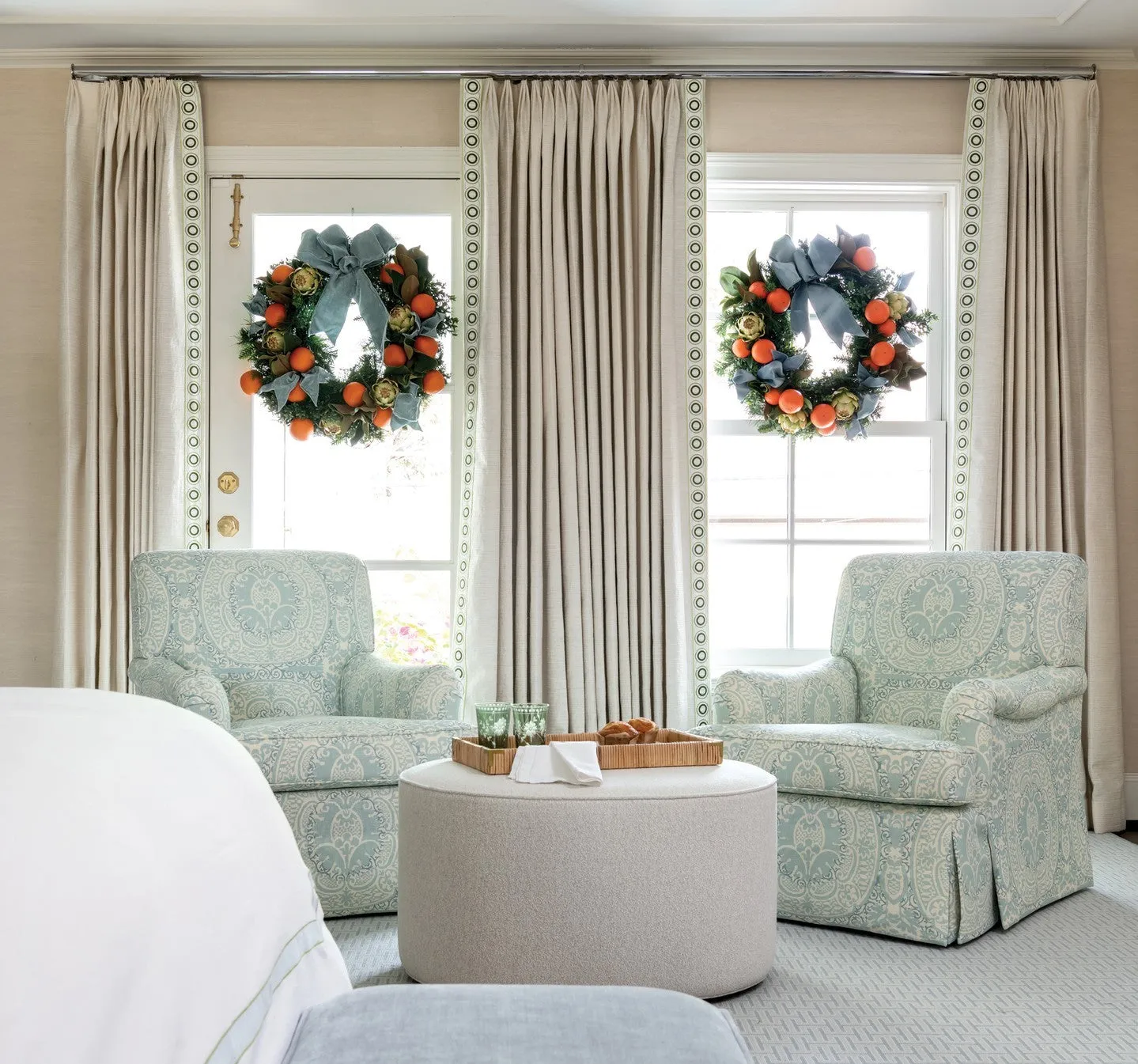 Quadrille Fabric: Veneto - Custom Soft Windsor Blue on Lightly-Tinted 100% Linen