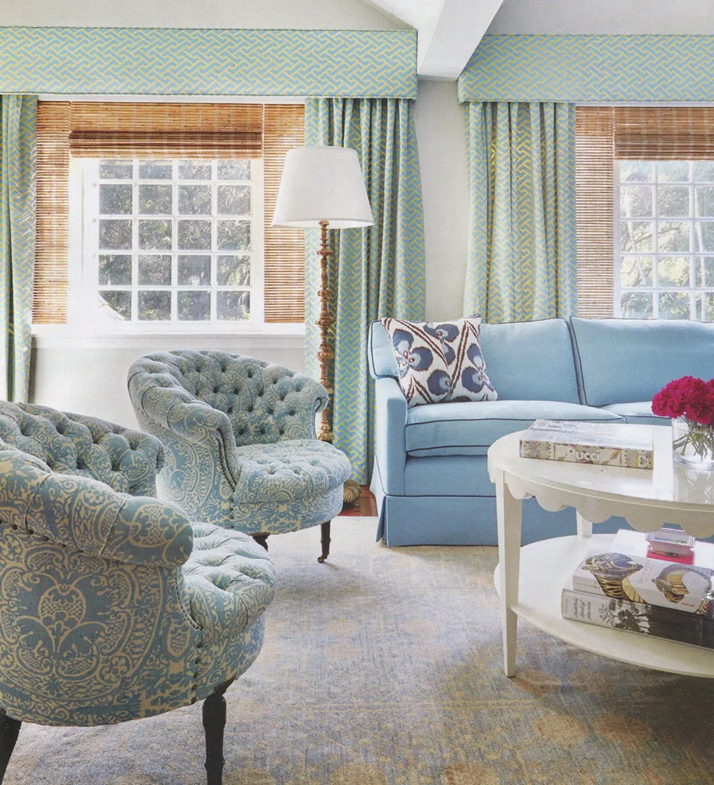 Quadrille Fabric: Veneto - Custom Soft Windsor Blue on Lightly-Tinted 100% Linen