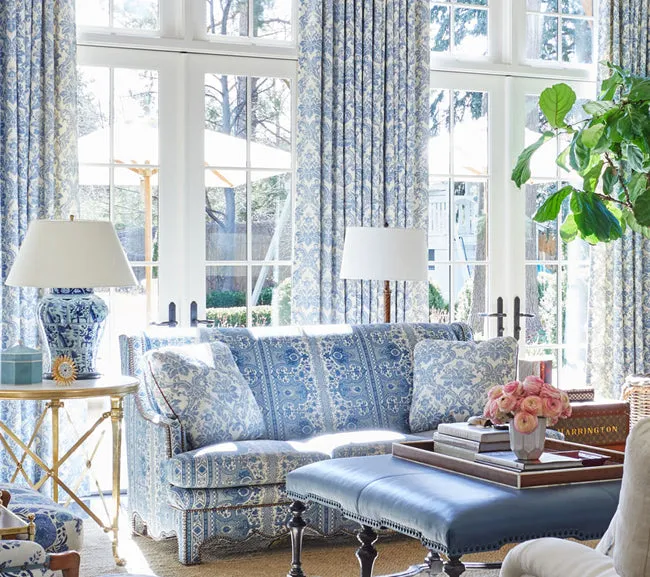 Quadrille Fabric: Victoria - Custom Soft Windsor Blue on Tinted 100% Linen