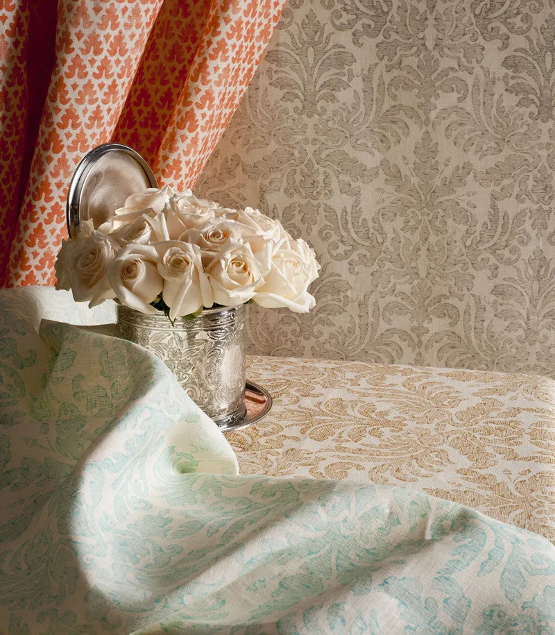 Quadrille Wallpaper: Sevilla Damask - Custom Tan on Almost White Paper (5 yard minimum)