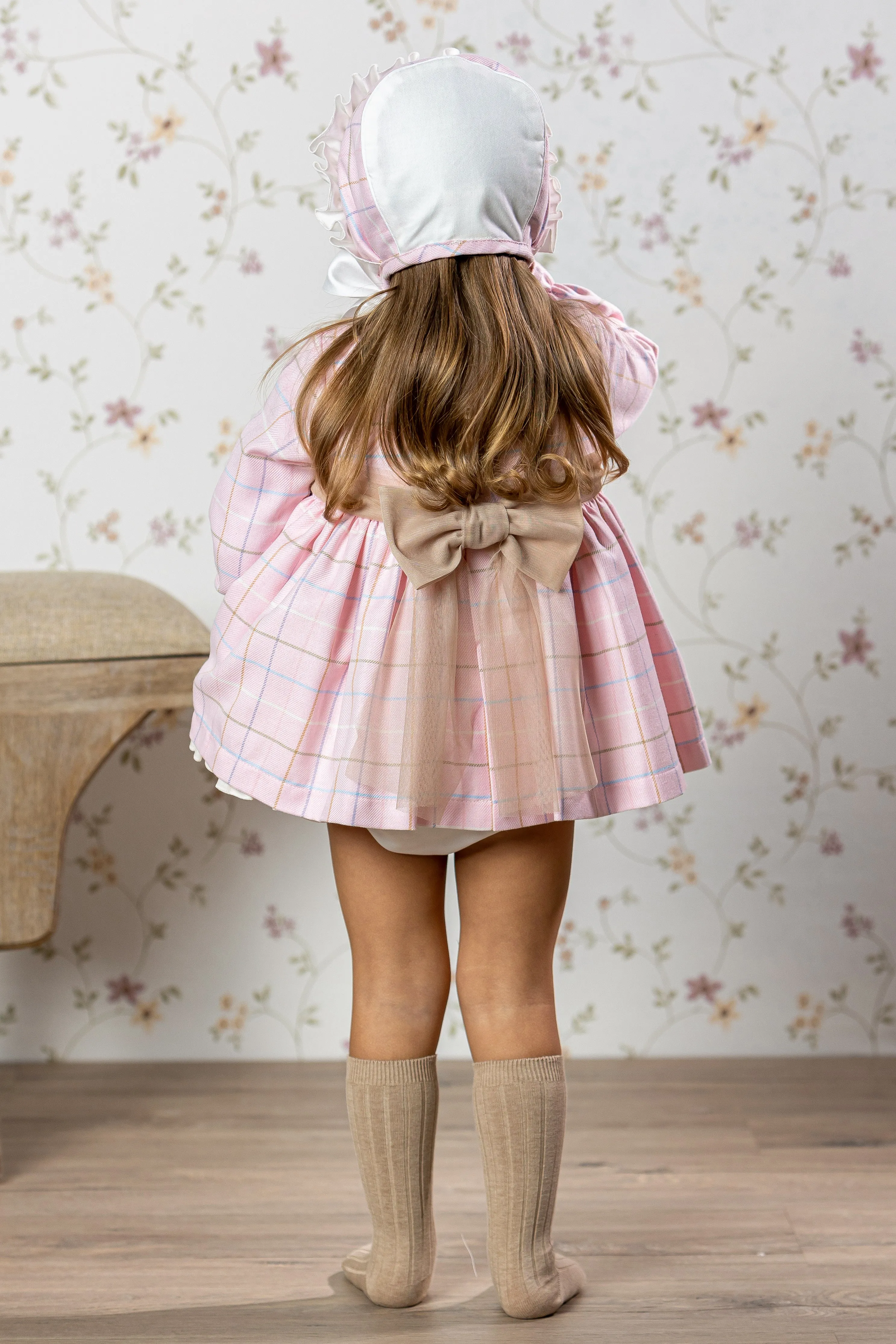 "Daphne" Pink Check Dress, Bloomers & Bonnet