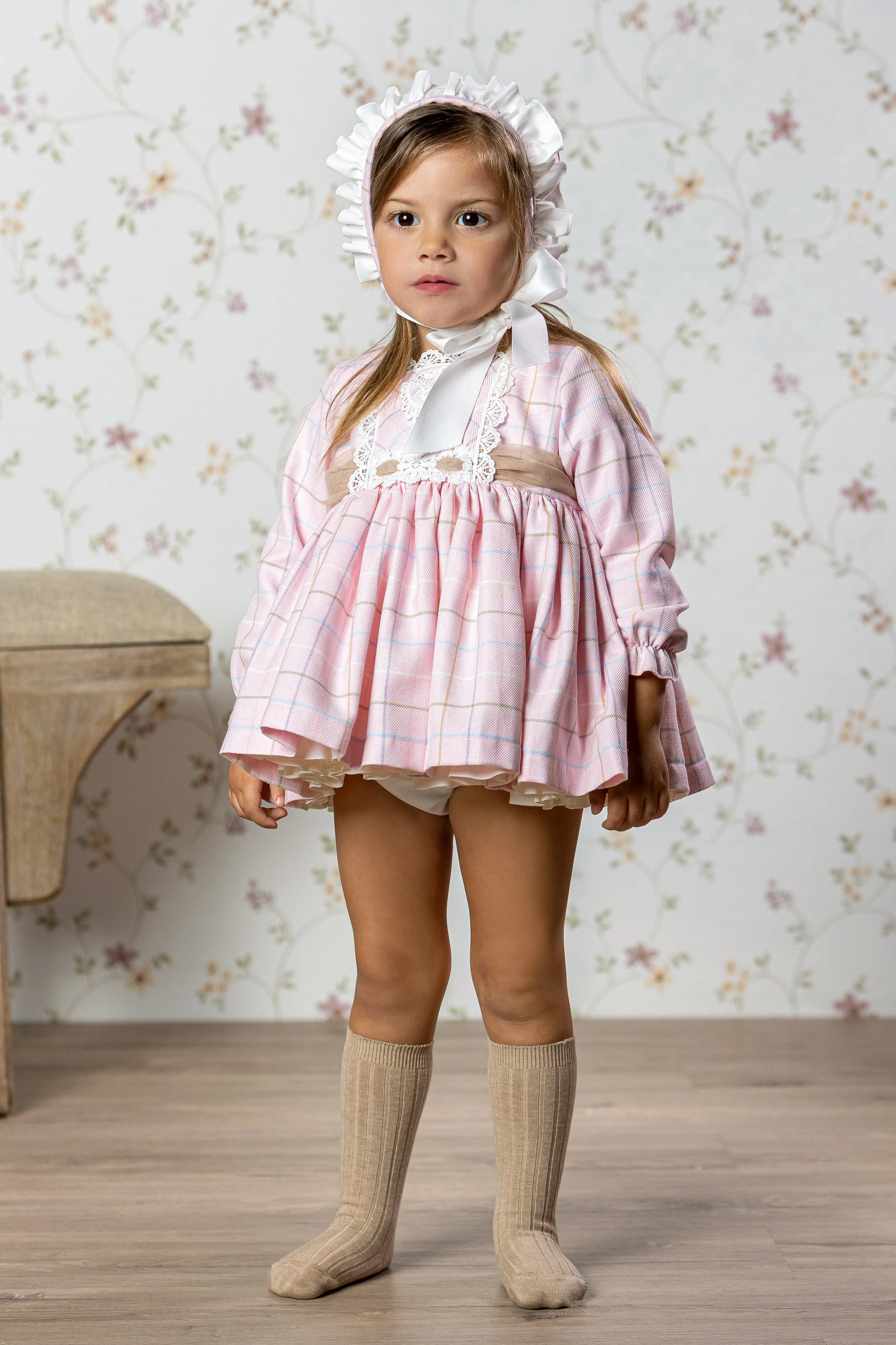 "Daphne" Pink Check Dress, Bloomers & Bonnet