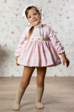 "Daphne" Pink Check Dress, Bloomers & Bonnet
