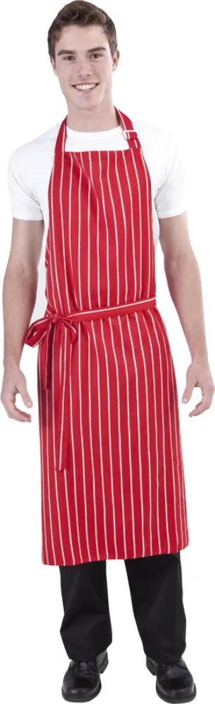 Red & White Stripe DELI Length Chefs Bib Apron - (Adjustable Neck)