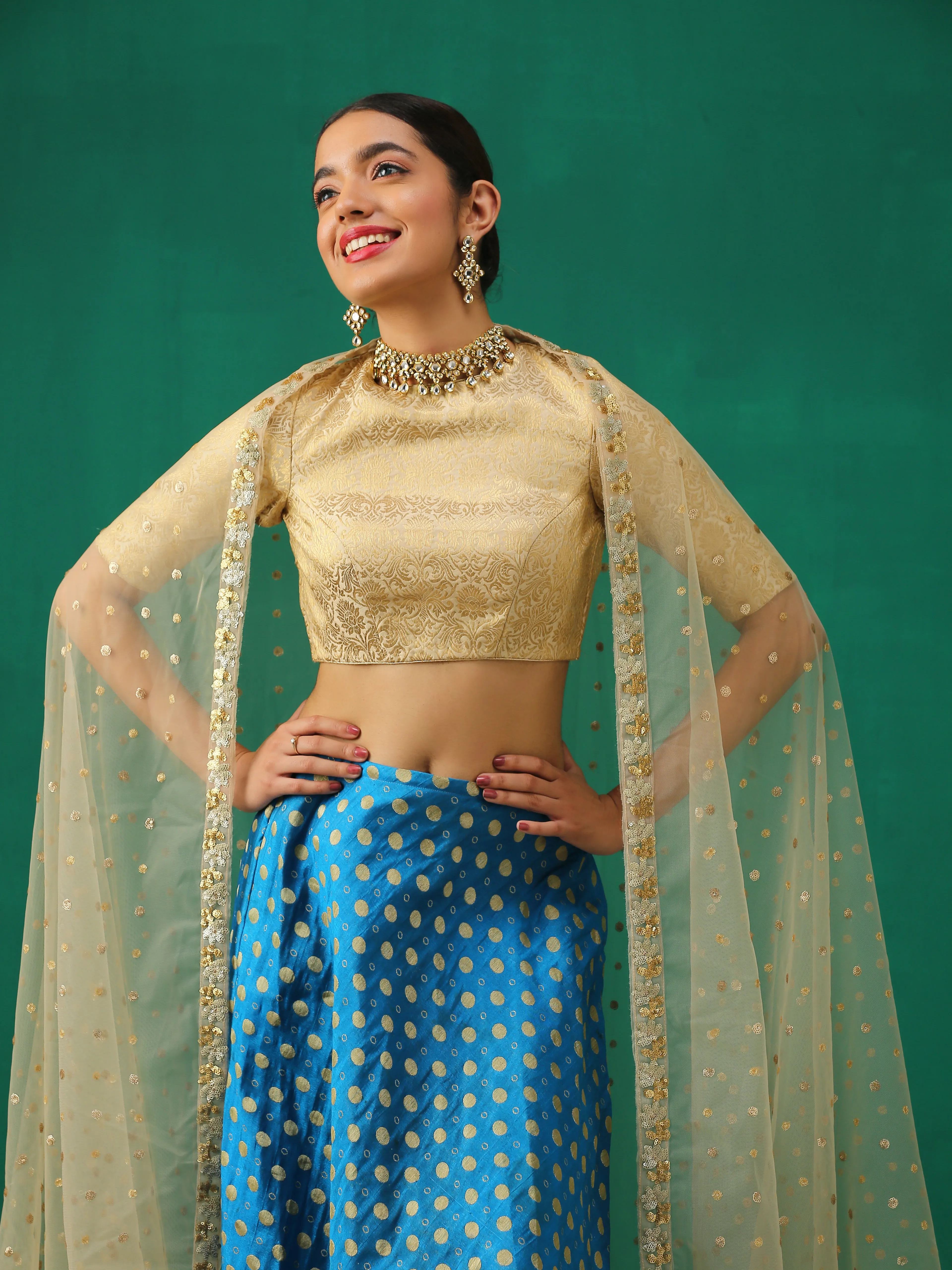 Regal Cream & Gold Blouse with Inverted V Back
