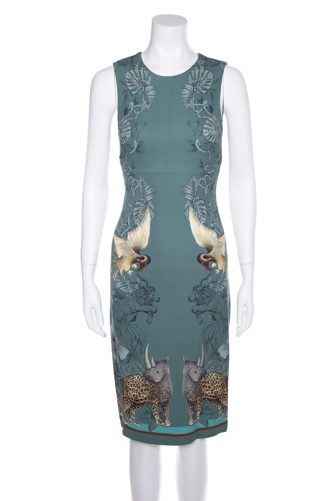 Roberto Cavalli Teal Sleeveless Exotic Animals Print Dress SZ 38