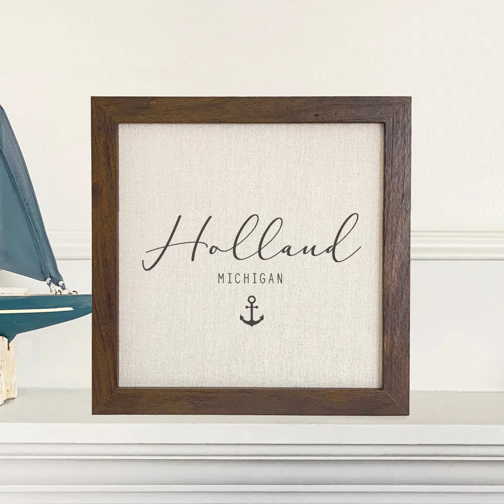 Script City and State with Anchor - Framed Sign