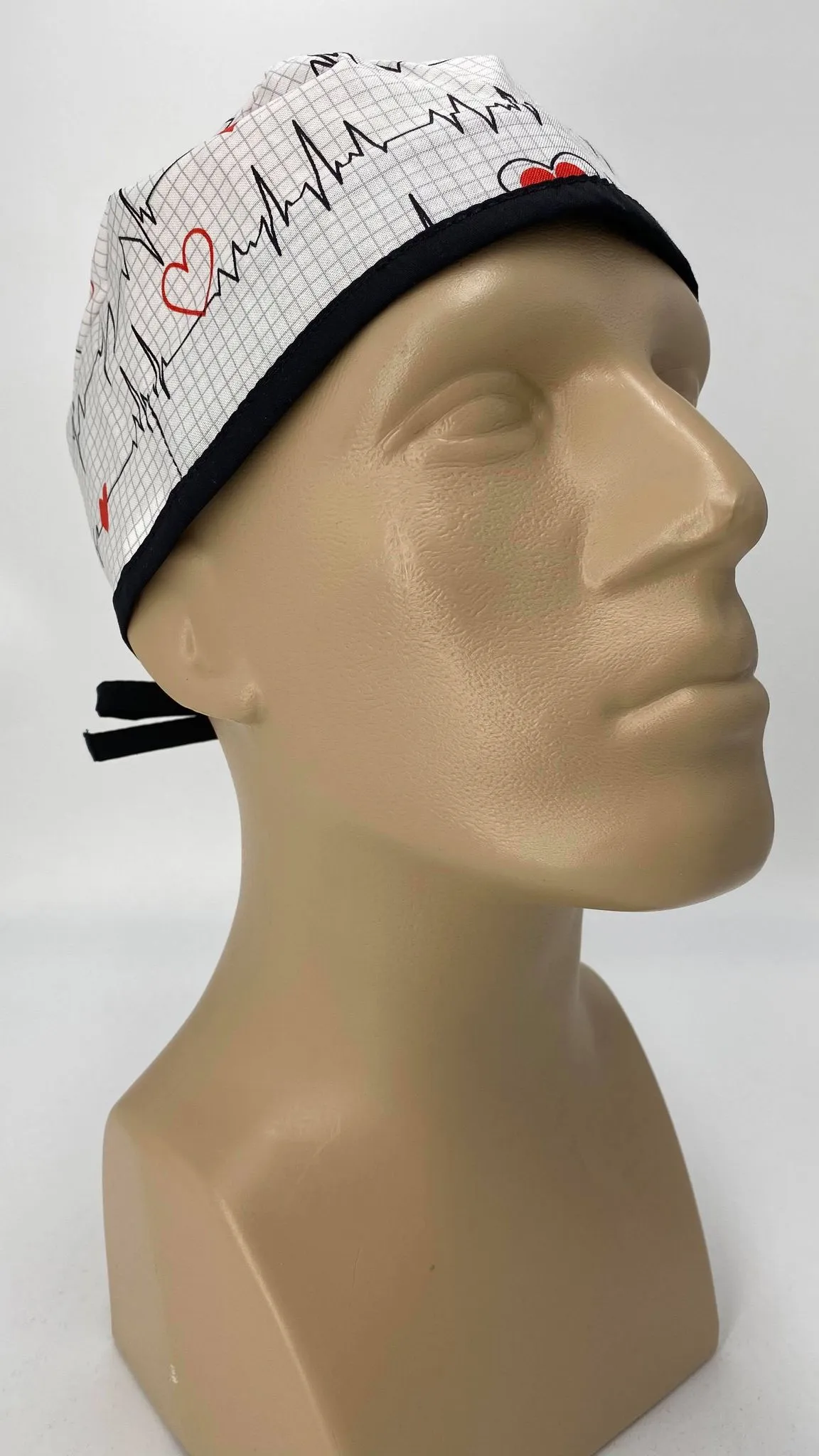 Scrub Cap Medical Surgeon Head Cover Surgical Hat Nurse Nursing Operating Room, Cardiologist EKG Heartbeat White Black