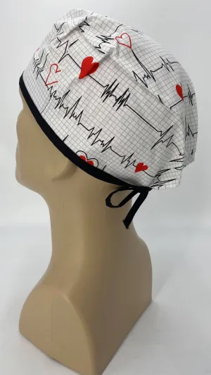 Scrub Cap Medical Surgeon Head Cover Surgical Hat Nurse Nursing Operating Room, Cardiologist EKG Heartbeat White Black