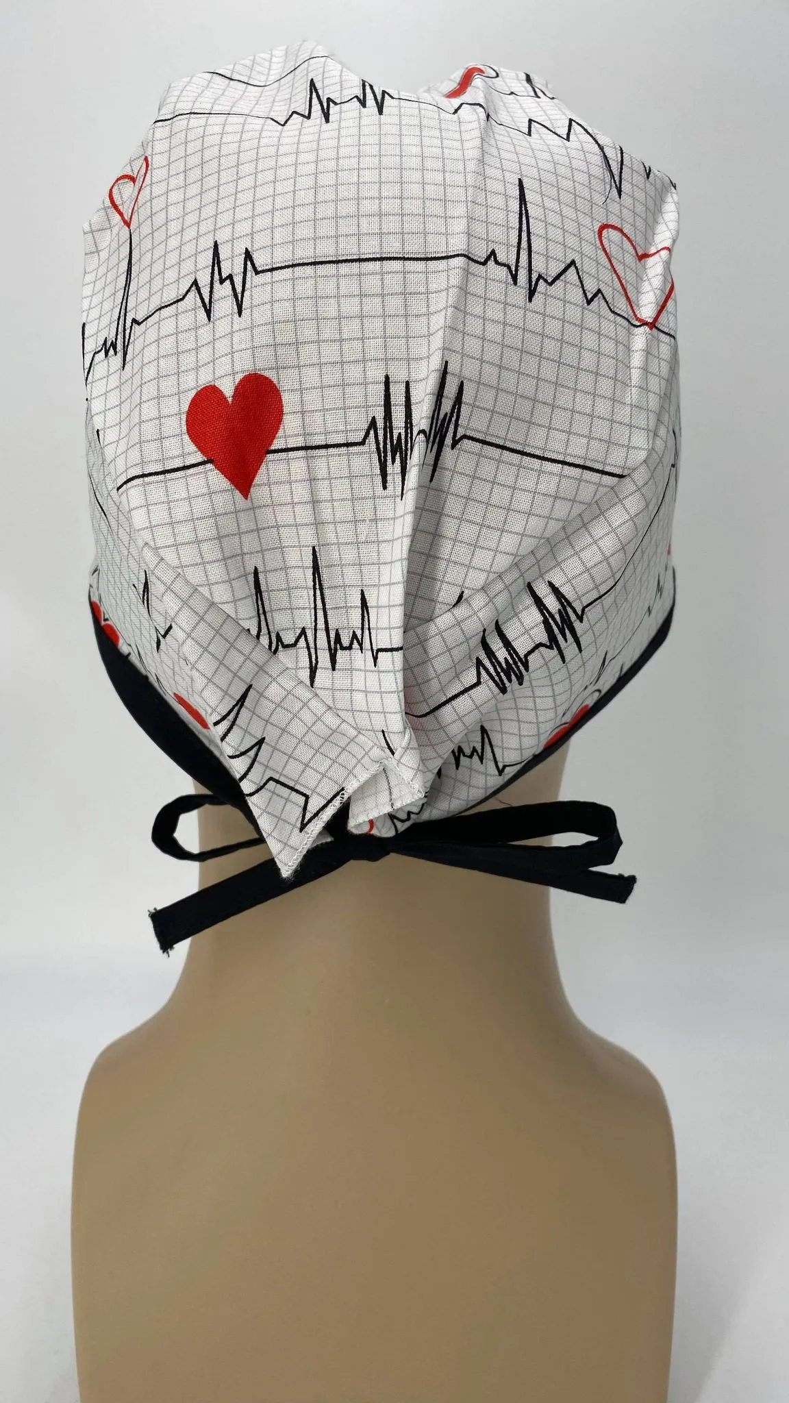 Scrub Cap Medical Surgeon Head Cover Surgical Hat Nurse Nursing Operating Room, Cardiologist EKG Heartbeat White Black