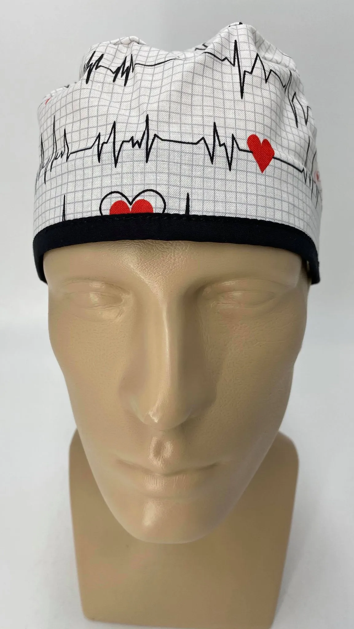 Scrub Cap Medical Surgeon Head Cover Surgical Hat Nurse Nursing Operating Room, Cardiologist EKG Heartbeat White Black