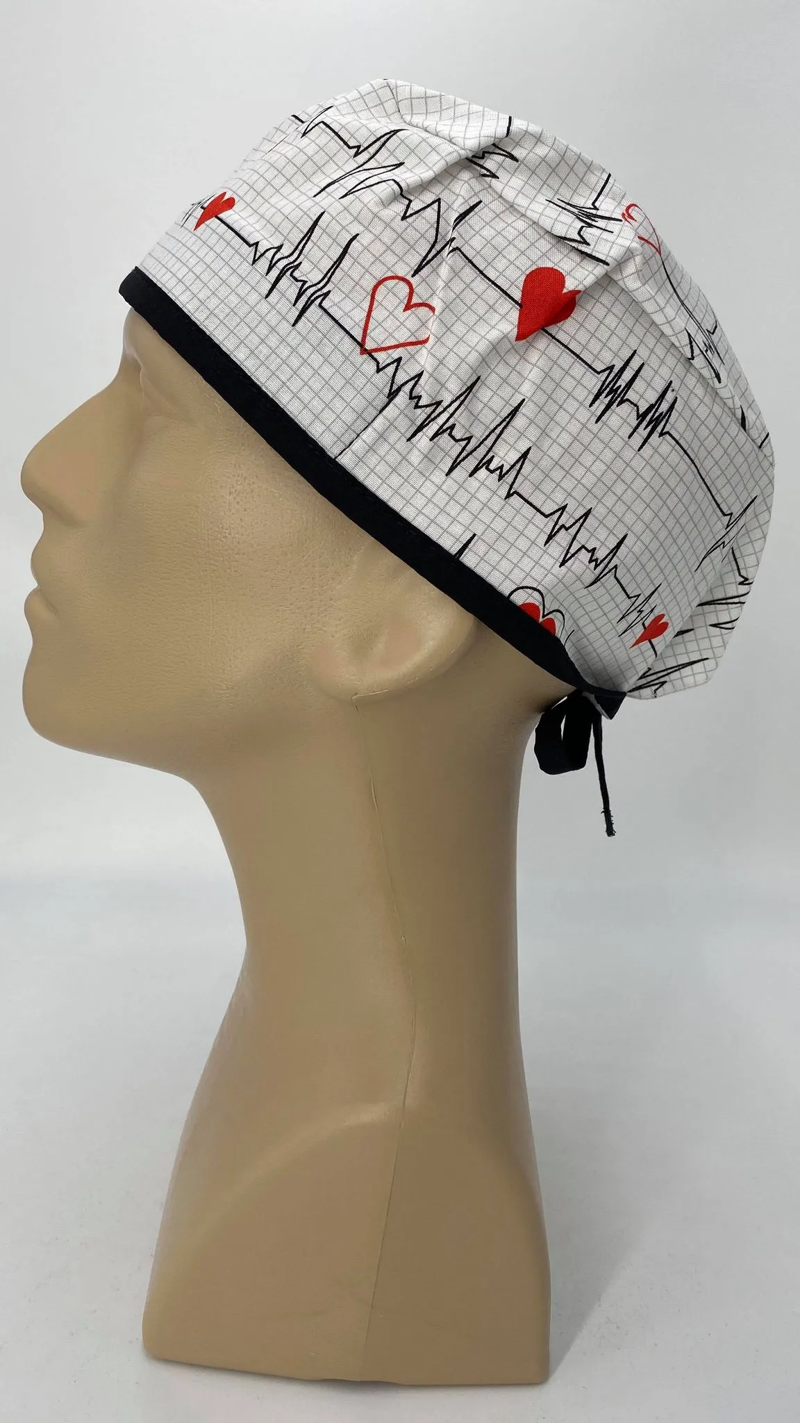 Scrub Cap Medical Surgeon Head Cover Surgical Hat Nurse Nursing Operating Room, Cardiologist EKG Heartbeat White Black