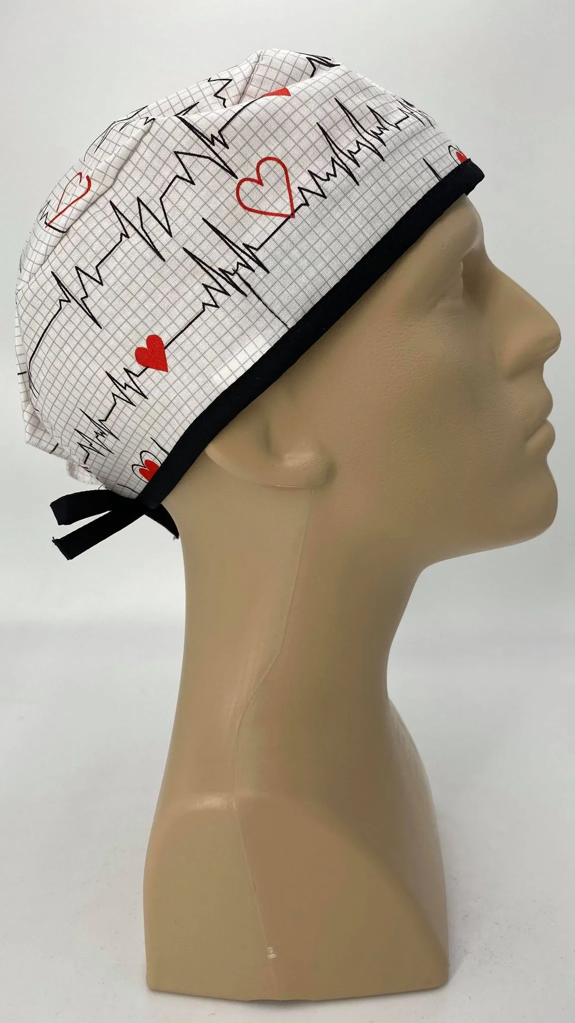 Scrub Cap Medical Surgeon Head Cover Surgical Hat Nurse Nursing Operating Room, Cardiologist EKG Heartbeat White Black