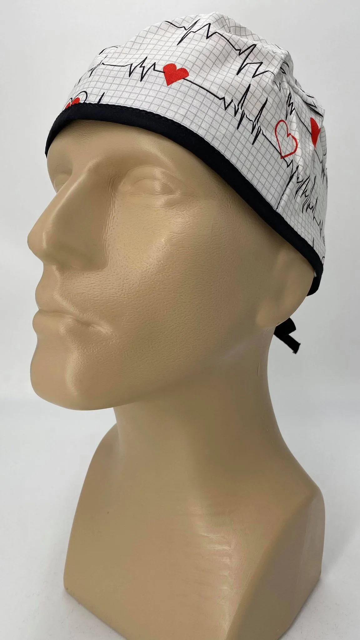 Scrub Cap Medical Surgeon Head Cover Surgical Hat Nurse Nursing Operating Room, Cardiologist EKG Heartbeat White Black