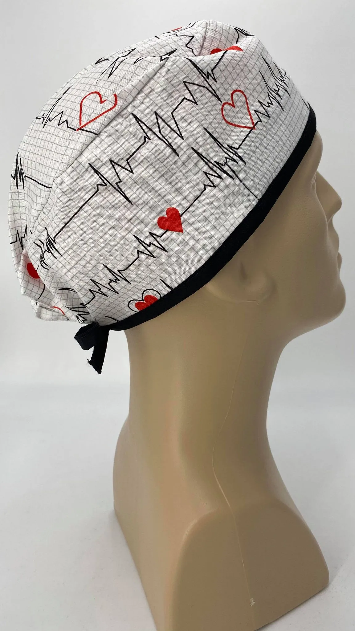 Scrub Cap Medical Surgeon Head Cover Surgical Hat Nurse Nursing Operating Room, Cardiologist EKG Heartbeat White Black