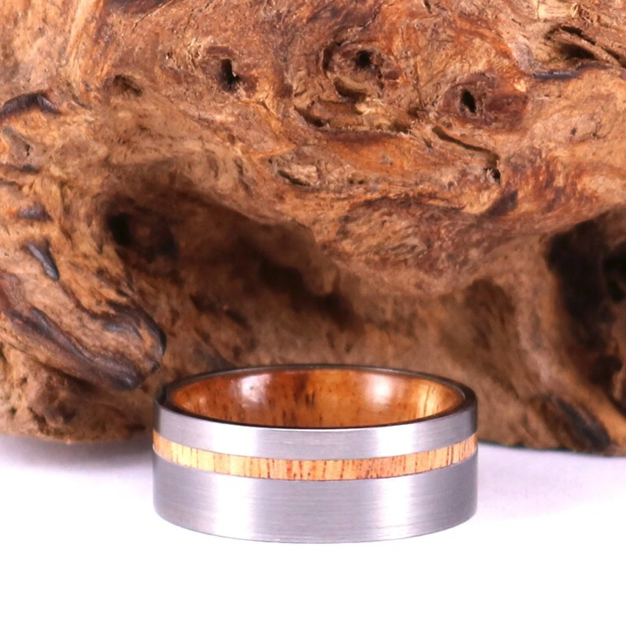 Silver Tungsten Ring - Exotic Koa Wood