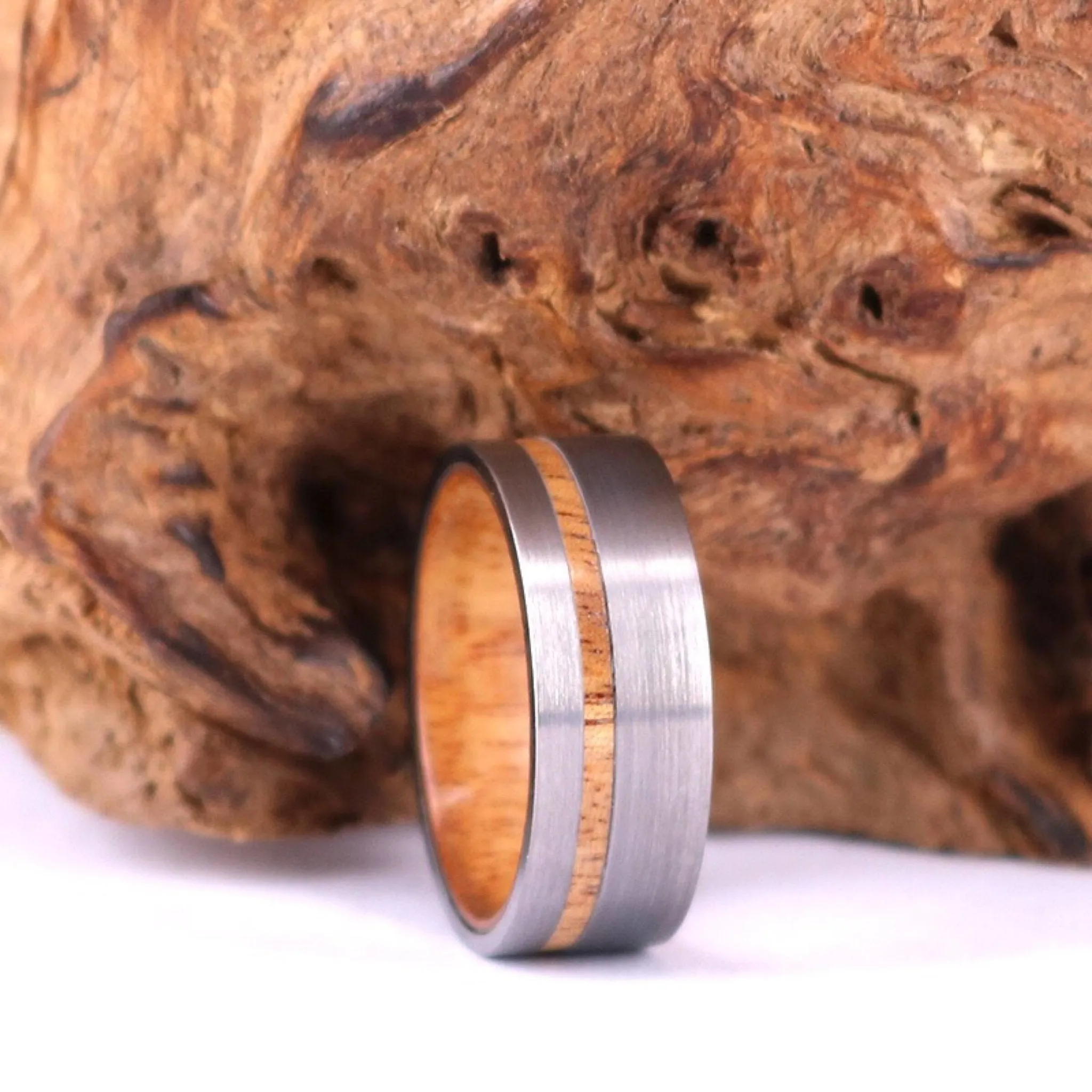 Silver Tungsten Ring - Exotic Koa Wood