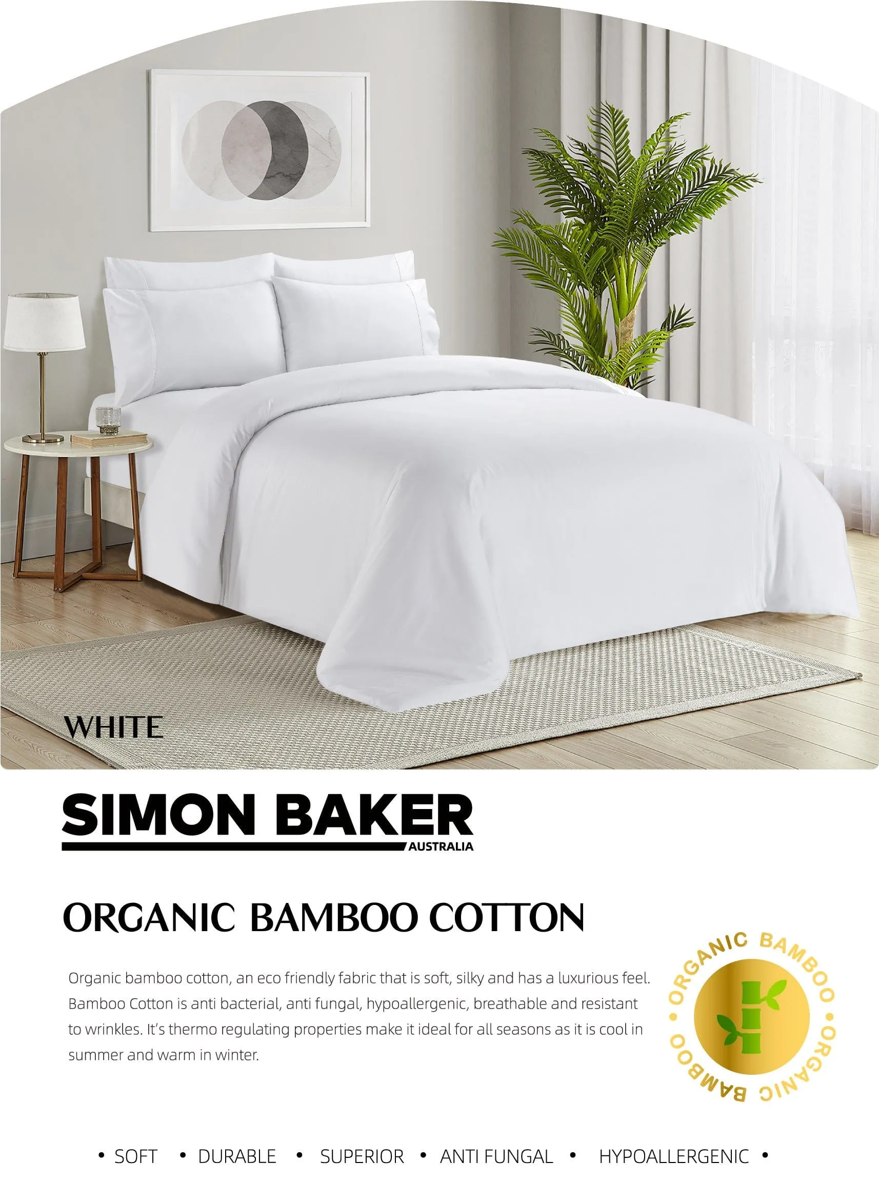 Simon Baker Organic Bamboo Cotton White Duvet Cover Set