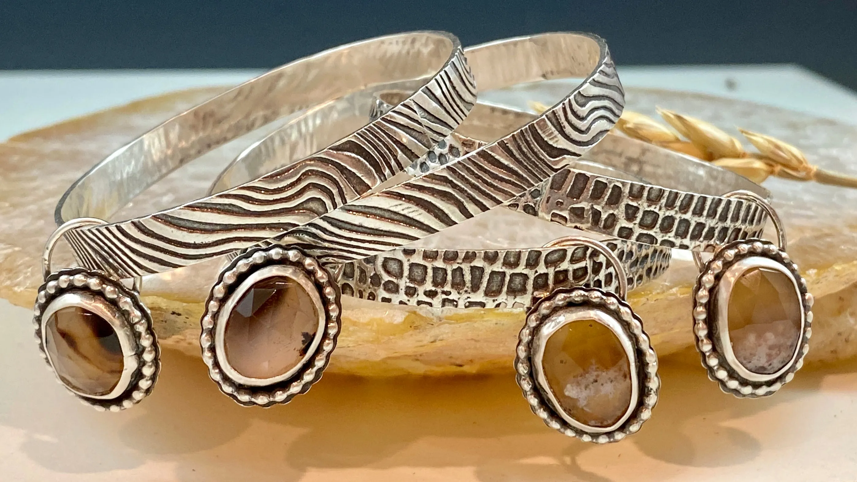 Snakeskin and Montana Agate Hoops Sterling Silver Earrings