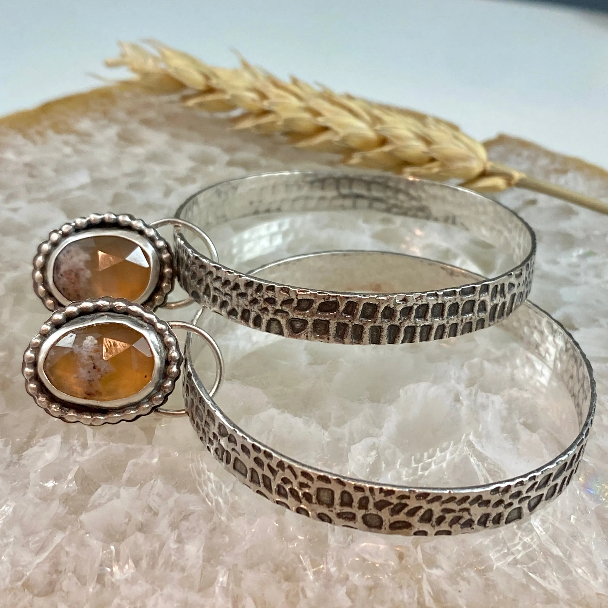 Snakeskin and Montana Agate Hoops Sterling Silver Earrings
