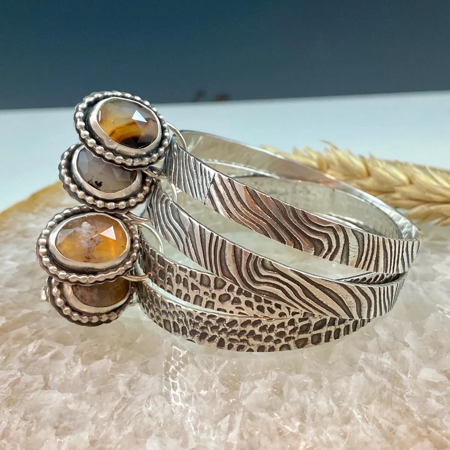 Snakeskin and Montana Agate Hoops Sterling Silver Earrings