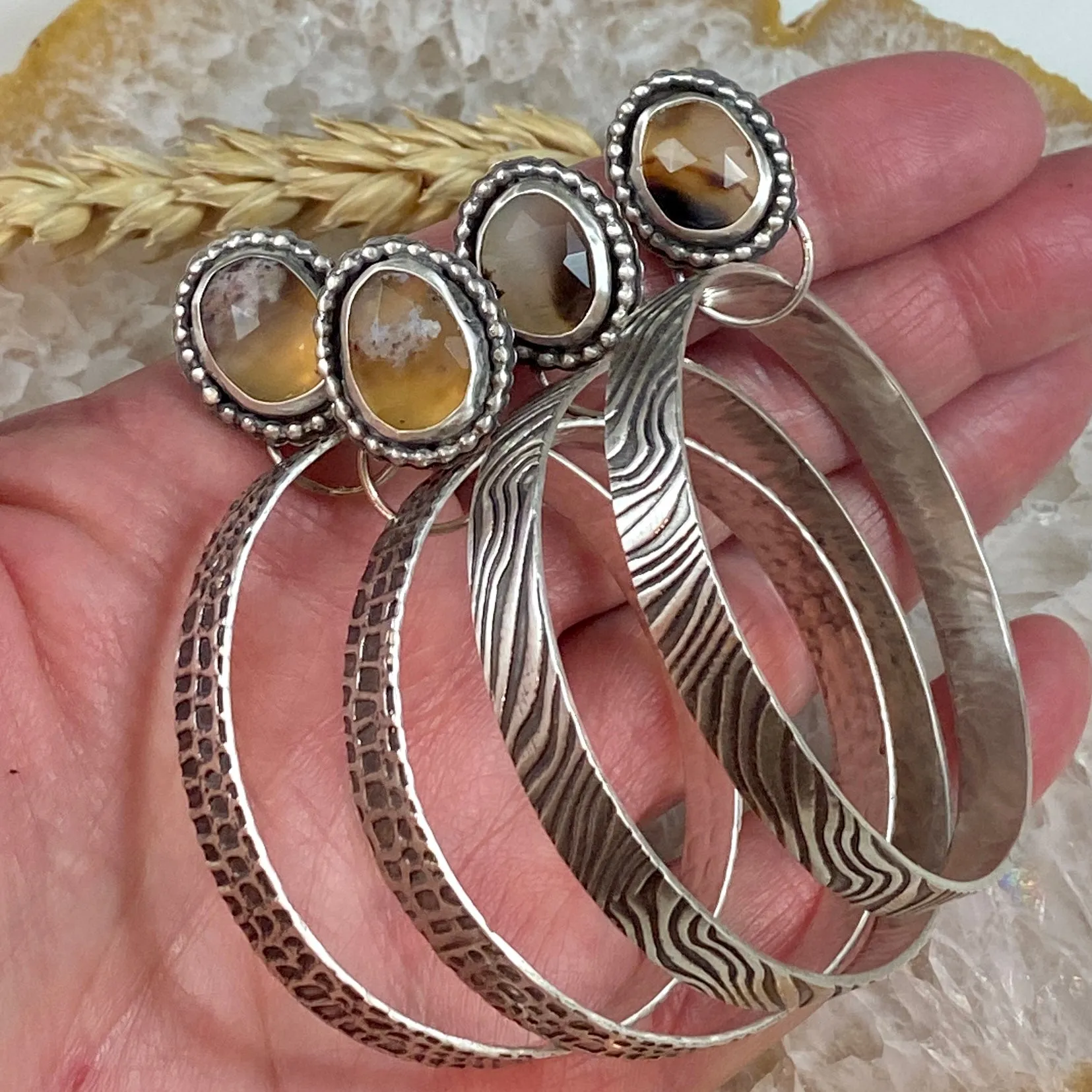 Snakeskin and Montana Agate Hoops Sterling Silver Earrings