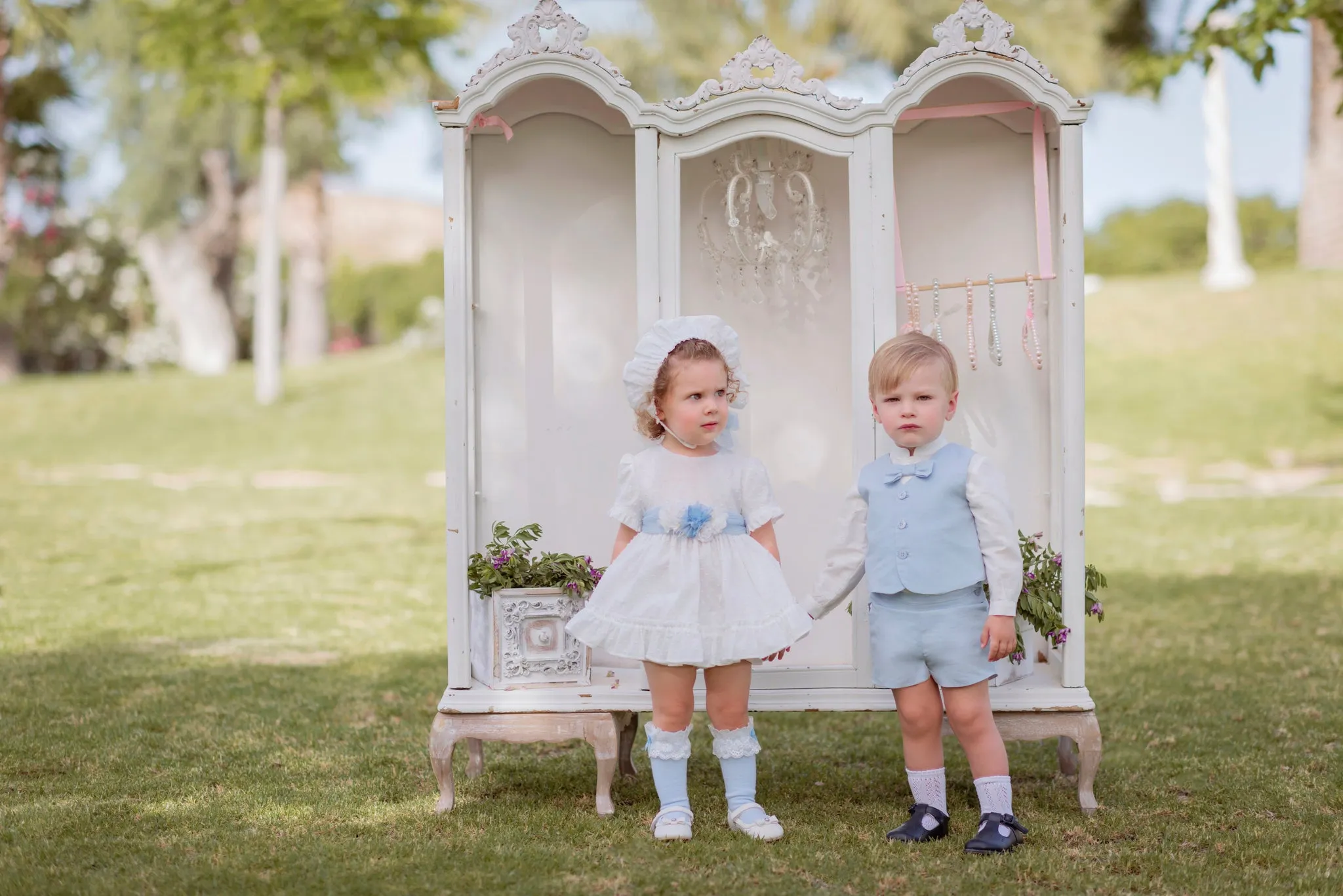 SS23 Miranda Baby Girls White & Blue Dress & Knickers Set 124-VB