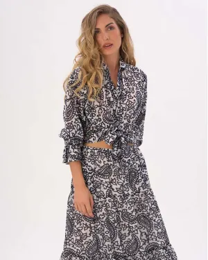 Tie Waist Button Up Watercolor Paisley Floral Shirt