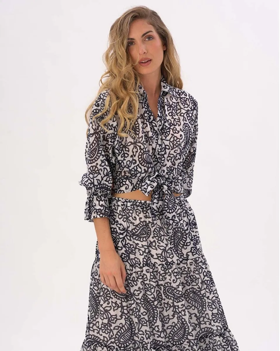 Tie Waist Button Up Watercolor Paisley Floral Shirt