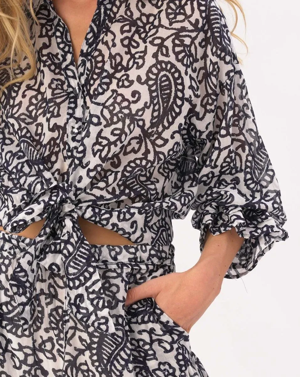Tie Waist Button Up Watercolor Paisley Floral Shirt