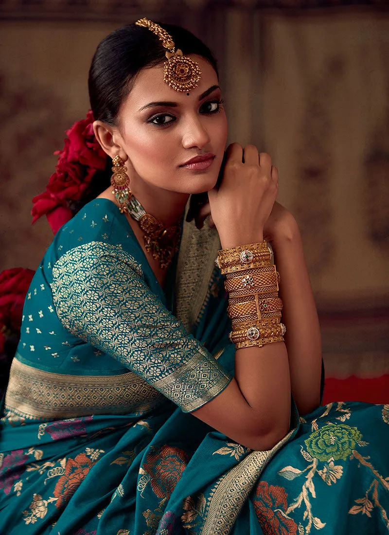 Turquoise Blue Zari Weaved Banarasi Crape Georgette Saree
