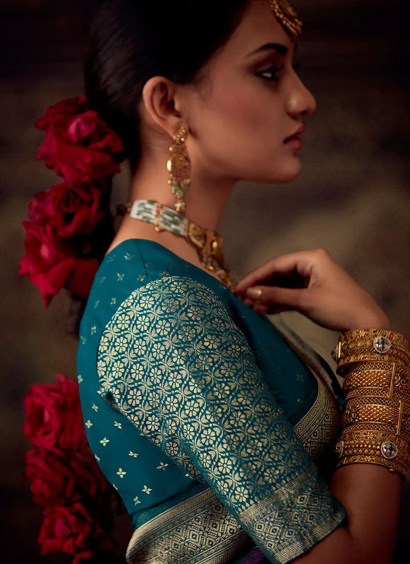 Turquoise Blue Zari Weaved Banarasi Crape Georgette Saree
