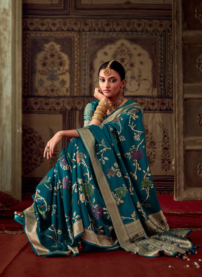 Turquoise Blue Zari Weaved Banarasi Crape Georgette Saree