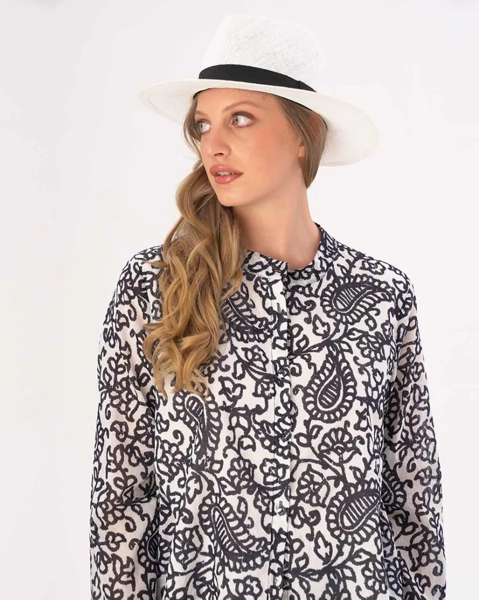 Watercolor Paisley Floral Band Collar Buttoned Blouse