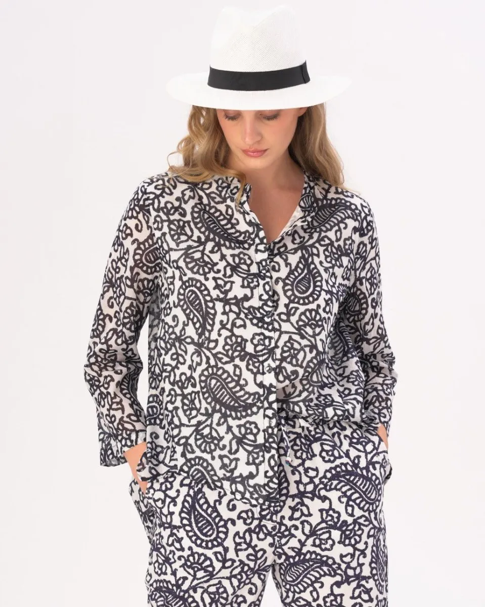 Watercolor Paisley Floral Band Collar Buttoned Blouse