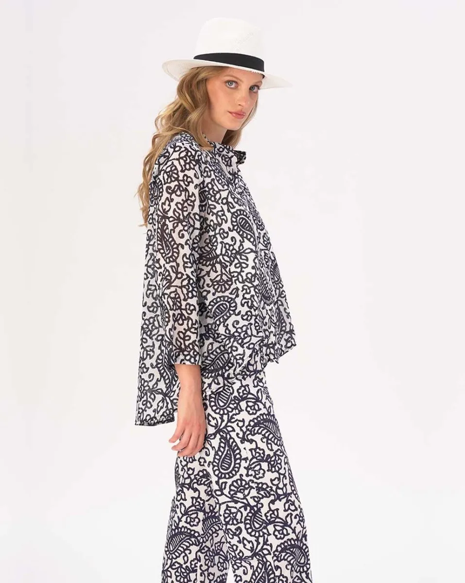 Watercolor Paisley Floral Band Collar Buttoned Blouse