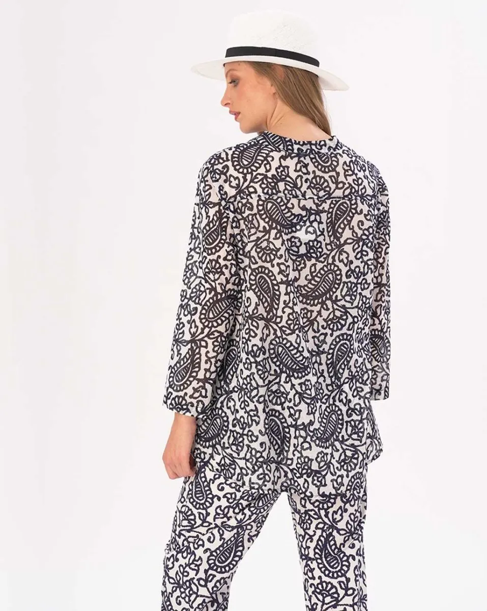 Watercolor Paisley Floral Band Collar Buttoned Blouse
