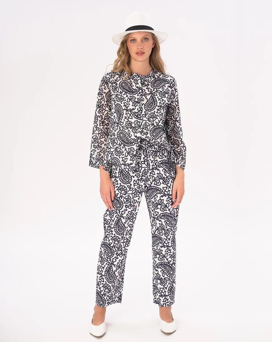 Watercolor Paisley Floral Band Collar Buttoned Blouse