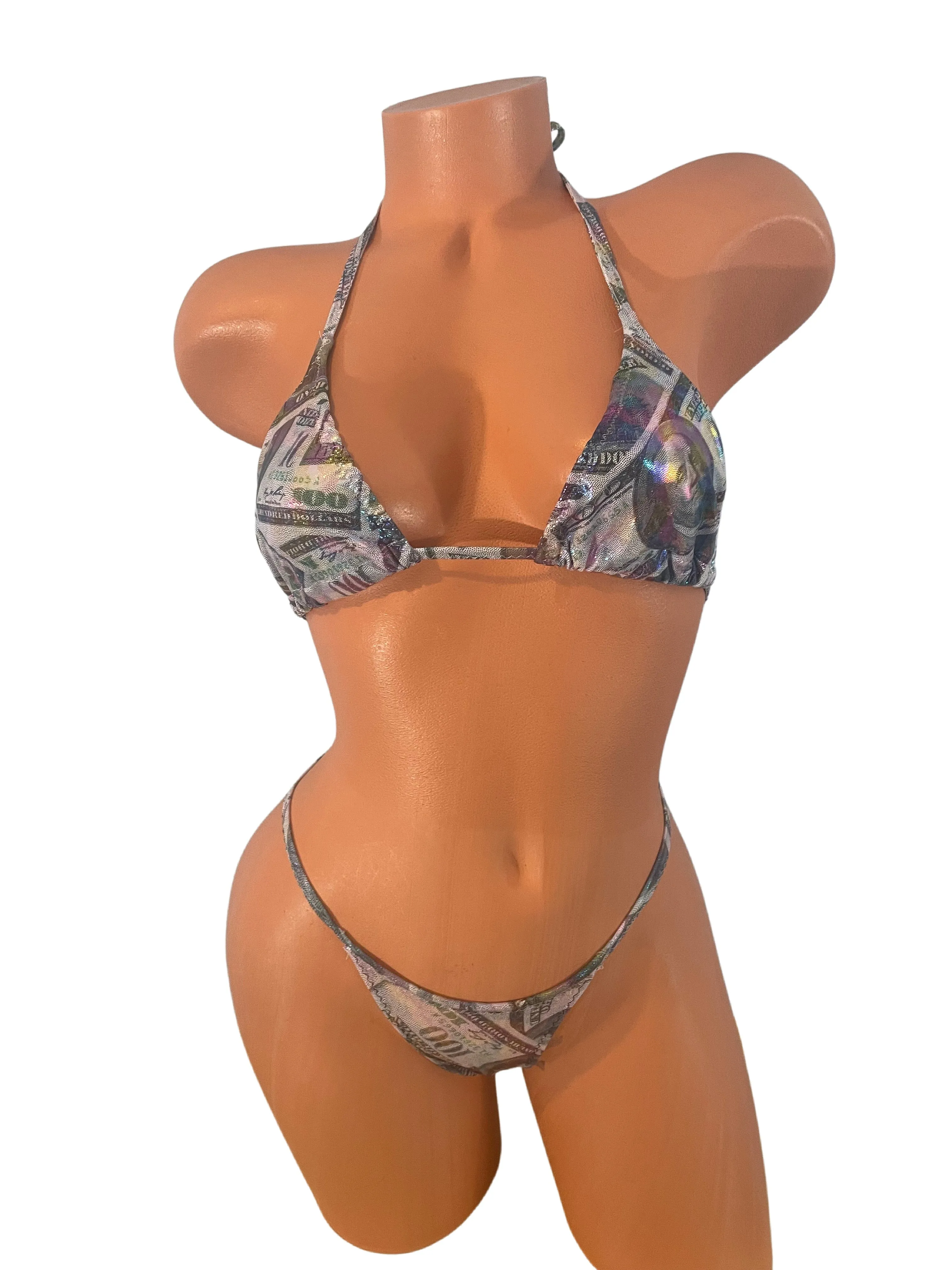 White Holographic Money print  Y bottom Micro thong Bikini