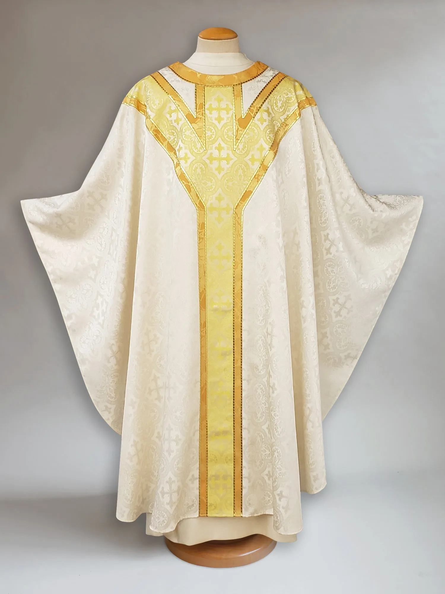 Y Yoke Brocade Gold Cross Ecru Sample Chasuble for Christmas or Easter